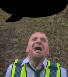a man wearing a yellow vest and tie is screaming with a speech bubble above his head