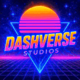 a neon sign for dashverse studios with a sun in the background