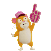 a hamster wearing a pink hat is holding up a foam finger that says # 1