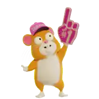 a hamster wearing a pink hat is holding up a foam finger that says # 1