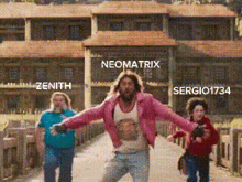 a man in a pink jacket is dancing in front of a building with the words neomatrix zenith and sergio1734 on it