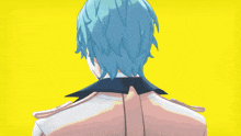 a cartoon character with blue hair and a white jacket
