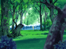 a painting of a forest with trees and a blue tent in the background