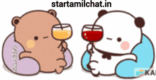 two bears are sitting next to each other holding wine glasses