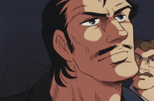 a man with a mustache and glasses looks at the camera