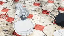 a girl in a white dress is standing on a tiled floor