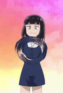a girl in a blue dress is holding a black object