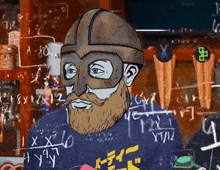 a cartoon drawing of a man with a beard wearing a helmet and a shirt that says ' y '