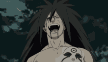 a man with long hair and a tattoo on his chest is screaming in a naruto anime .