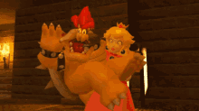 a cartoon character is holding a princess in his arms in a video game .