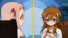 a girl with long brown hair is holding a cup in her hand