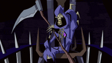 a cartoon character has a purple eye and a hood