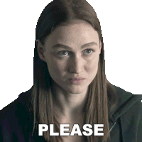 a woman with long brown hair says please in front of her face