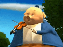 a cartoon pig is playing a violin in front of trees .