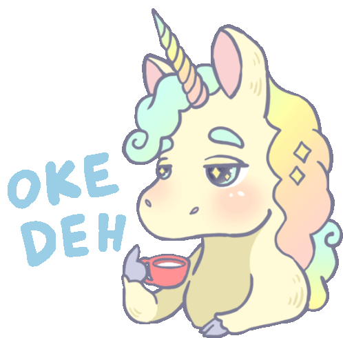 Relaxed Unicorn Sipping A Hot Drink Says Ok Deh In Indonesian Sticker - Sarcastic Soda Cake Unicorn Oke Deh Stickers