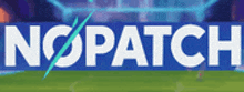 the word no patch is on a blue background with a soccer field in the background