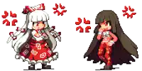 a pixel art of a girl in a red and white dress