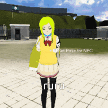 a girl in a yellow vest is standing on a brick sidewalk and the word ruru is on the bottom of the screen