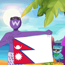 a man with a w on his head holds a flag