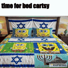 a bed with spongebob on it and the words time for bed cartsy on the bottom