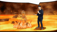 a man in a black hoodie stands in front of a cartoon character in a firey area