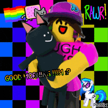 a picture of a person holding a stuffed animal with the words good morning written on it