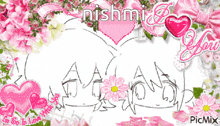 a picture of flowers and hearts with the name nishmi in the middle