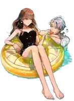 a girl in a black dress is sitting next to a man in a yellow float
