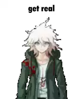 a pixel art of a person with a hoodie and the words `` get real '' written above them .