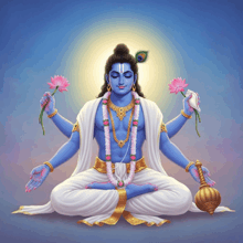 a painting of a blue and white deity with lotus flowers in his hands