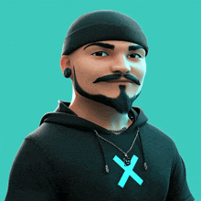 a man with a beard and mustache wears a black hoodie with a blue x on it