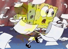 spongebob squarepants is holding a piece of paper in his hand in a cartoon scene .
