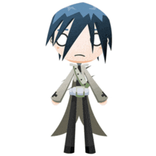 a cartoon character with blue hair and a pair of scissors around his neck