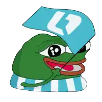 a cartoon frog is wearing a blue hat with a white letter l on it
