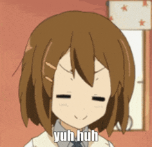 a cartoon girl is making a funny face and the words yuh huh are above her head