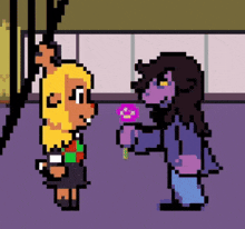 a pixel art of a girl giving a lollipop to another girl .