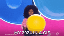a woman holding a yellow balloon with the words my 2024 in a gif