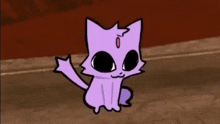 a purple cat with black eyes and a star on its head is sitting on the ground .