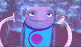 a purple and blue cartoon character with a purple circle on his chest