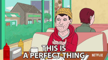 a cartoon of a man sitting in a diner with the words " this is a perfect thing " above him