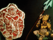 a drawing of a gorilla and a predator with a green spear on a black background
