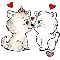 a drawing of two dogs with hearts and the word love in red letters
