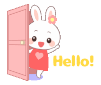 a cartoon rabbit is standing in front of a door that says hello