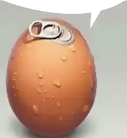 an egg that looks like a soda can with a speech bubble above it