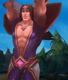 a man in a purple and gold outfit is holding a sword and shield over his head