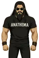 a man with long hair and a beard is wearing a black anathema shirt