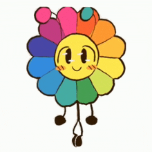 a cartoon drawing of a colorful flower with a face and arms