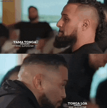 two pictures of a man with a beard and the name tama tonga