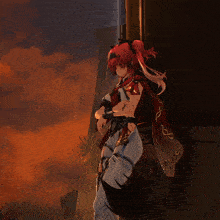 a red haired anime character stands in front of a sunset