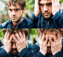 a man covering his face with his hands in a collage of four photos